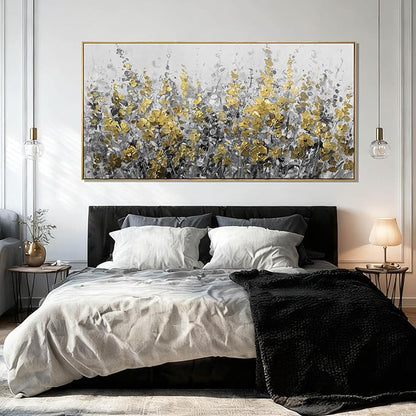 Framed Golden Floral Canvas Wall Art Large 29x58 Inch Grey and Gold Abstract Painting Textured Modern Flower Artwork for Above Couch Living Room Bedroom Home Decor