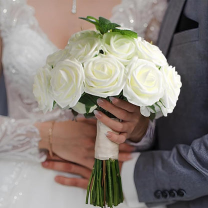 Artificial Flowers Milk White Roses 50PCS Real Looking Foam Fake Roses with Leaves and for DIY Wedding Bouquets Bridal Shower Centerpieces Party Decorations (Ivory)