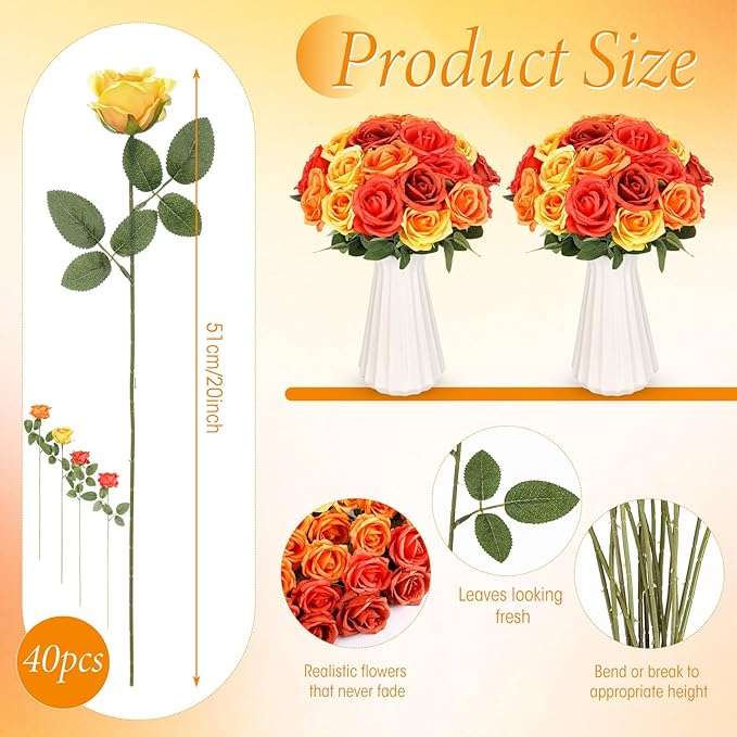 Hotop 40 Pcs Rose Artificial Flowers Bulk with Long Stem,Realistic Silk Fake Roses Bouquet for Home Wedding Centerpieces Party Table Decoration Valentines Gifts(Gradient Orange)