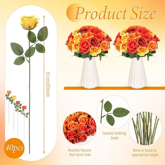Hotop 40 Pcs Rose Artificial Flowers Bulk with Long Stem,Realistic Silk Fake Roses Bouquet for Home Wedding Centerpieces Party Table Decoration Valentines Gifts(Gradient Orange)