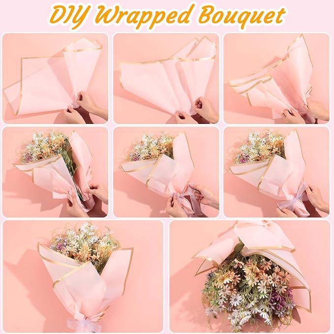 Yahenda 420 Sheet Flower Wrapping Papers Flower Bouquet Paper with Gold Edge Korean Style Bouquet Wrapping for Floral Supplies Wedding Anniversary DIY Gifts, 23 x 23 Inch(Pink)
