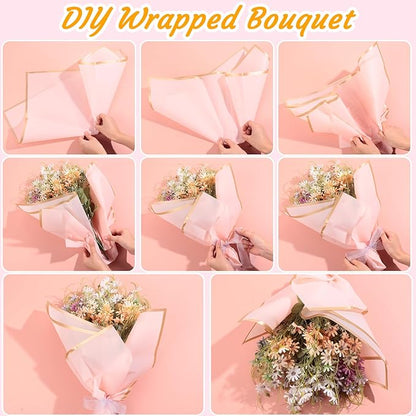 Yahenda 420 Sheet Flower Wrapping Papers Flower Bouquet Paper with Gold Edge Korean Style Bouquet Wrapping for Floral Supplies Wedding Anniversary DIY Gifts, 23 x 23 Inch(Pink)