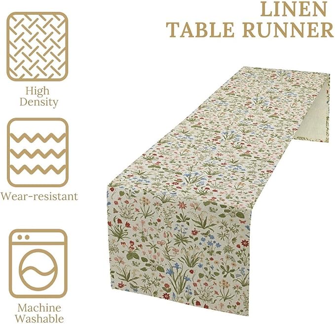 Vintage Floral Table Runner, Country Botanical Flower Farmhouse Home Decor Table Runner for Kitchen Dining Picnic Decoration, 13x90 Inch