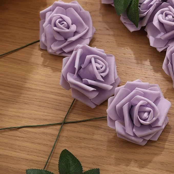 Artificial Flowers Roses 50pcs Lilac Roses Wedding Decoration Real Looking Fake Roses w/Stem for DIY Wedding Bouquets Centerpieces Arrangements Party Baby Showers Home Decorations (Lilac, 50 pcs)