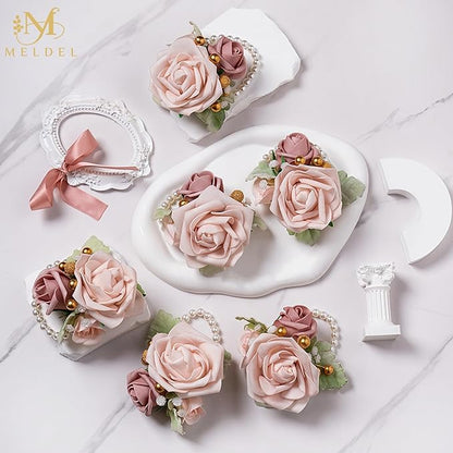 Meldel Dusty Pink Wrist Corsage,Set of 6, Homecoming Wrist Flower Girl/Mother Corsages Wristlet Perfect for Bride Bridesmaids Wedding Guests Hand Flower, Proms, Party, Ceremony Anniversary