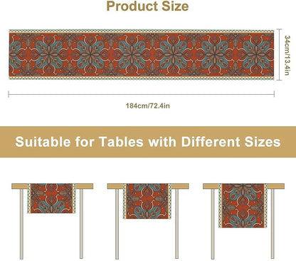Boho Floral Table Runner, Burnt Orange Blue Traditional Ethnic Flower Vintage Farmhouse Table Runner for Kitchen Dining Wedding Party Decor, 13x36 Inch