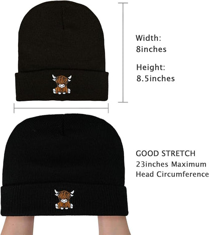 Scottish Highland Cow Beanie Hat, Cute Funny Cow Embroidery Winter Knit Skull Cap for Adult Men Women