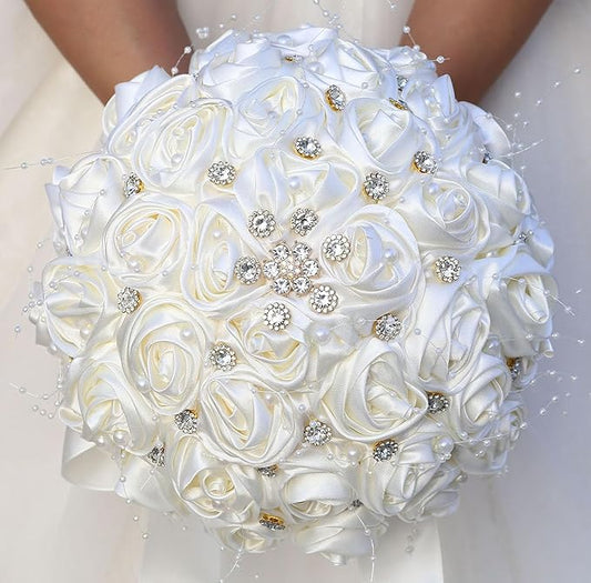 Bridal Wedding Bouquet Round Bling Brooch Bouquet Throw Toss Artificial Rose Flower Bunch for Bride Bridesmaid Wedding Quinceanera(Ivory, 9.8")