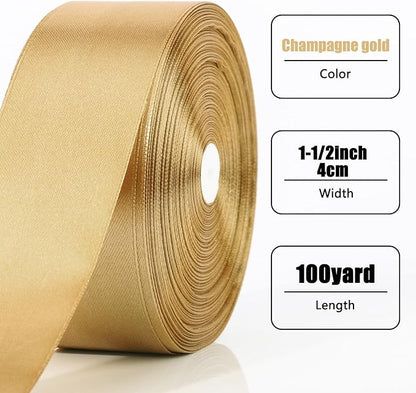 NESCCI 100 Yards Ribbon,1-1/2 Inch Champagne Gold Satin Ribbon,Single Face Satin Ribbons,Perfect for Gift Wrapping,Wedding Decoration,Handmade Bows, Wrapping Bouquet and More