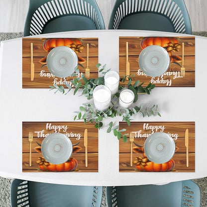 Thanksgiving Pumpkin Highland Cow Placemats Set of 4 PVC Vinyl Non Slip Table Mats Heat Resistant Place Mats Washable Wipeable Dining Table Mat for Kitchen Decor Party Indoor Outdoor Decorative Gift