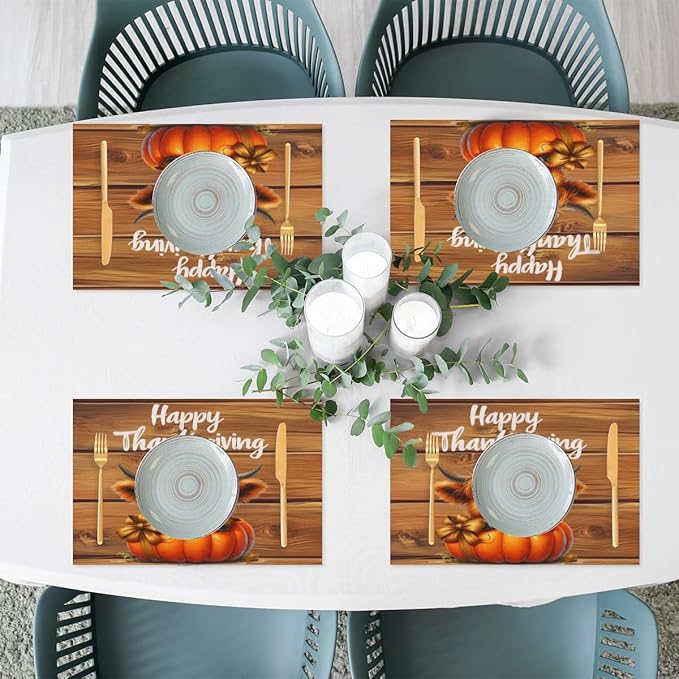 Thanksgiving Pumpkin Highland Cow Placemats Set of 1 PVC Vinyl Non Slip Table Mats Heat Resistant Place Mats Washable Wipeable Dining Table Mat for Kitchen Decor Party Indoor Outdoor Decorative Gift