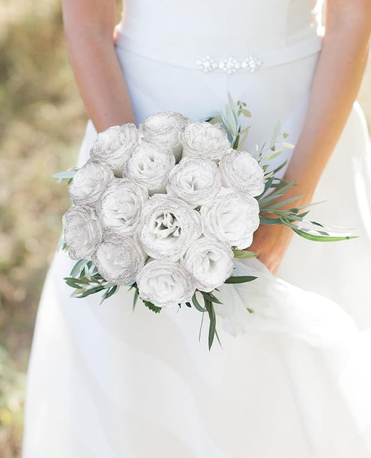 Fake Roses,30PCS White Glitter Flowers Bouquet Artificial Roses with Stems for Wedding Party Christmas Home Decor(White with Silver Glitter)