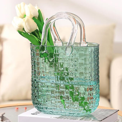 Glass Purse Vase for Flowers, Green Purse Flower Vase, Wide Mouth Glass Bag Vases, 10 Inch Large Handbag Shaped Vases for Home, Office Decor