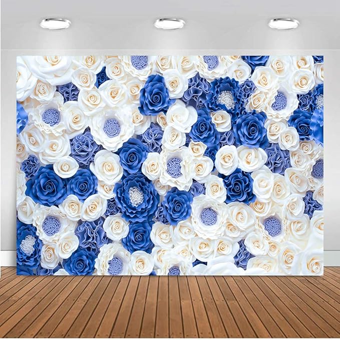 8X6FT Blue White Fowers Photo Backdrop Anniversary Celebration Couple Studio Props Photography Backdrops Wedding Background Newborn Shower Banner Birthday Party Props DH-87