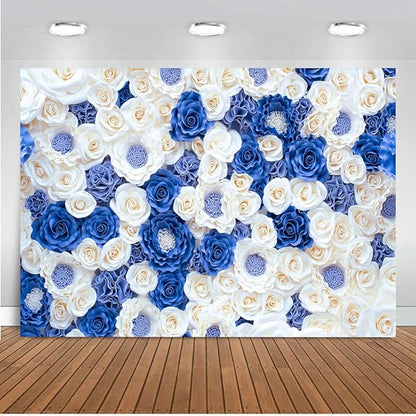 8X6FT Blue White Fowers Photo Backdrop Anniversary Celebration Couple Studio Props Photography Backdrops Wedding Background Newborn Shower Banner Birthday Party Props DH-87
