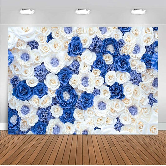 8X6FT Blue White Fowers Photo Backdrop Anniversary Celebration Couple Studio Props Photography Backdrops Wedding Background Newborn Shower Banner Birthday Party Props DH-87