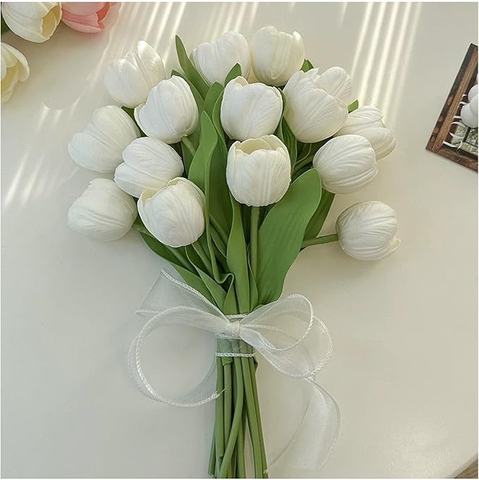 10pcs Partially Open Artificial Tulips 15.5" PU Artificial Flowers for Family Friend Gifts DIY Flower Arrangement Flowers in Home Kitchen Office Party Wedding Dining Table Decoration, White