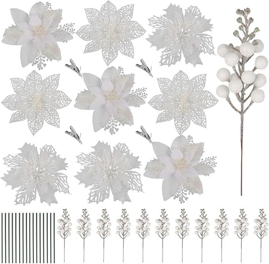 RECUTMS 66 Pcs 3 Styles White Christmas Ornaments Christmas Glitter Poinsettia Flowers Artificial Christmas Tree Flower Decorations Wedding Wreath Floral Decorations(White)