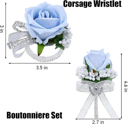 2Pcs Light Blue Rose Corsage and Boutonniere Set, Artificial Wrist Corsage Wristlet Bracelets, Men Boutonniere for Wedding Party Homecoming Formal Dinner Flowers Accessories Prom Suit Decor