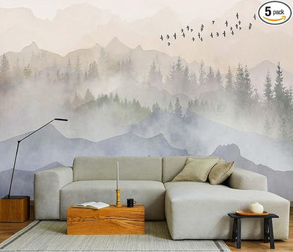 Foggy Forest Wallpaper Mural Bird Mountain Woodland Wall Murals for Bedroom Living Room (Not self-Adhesive)