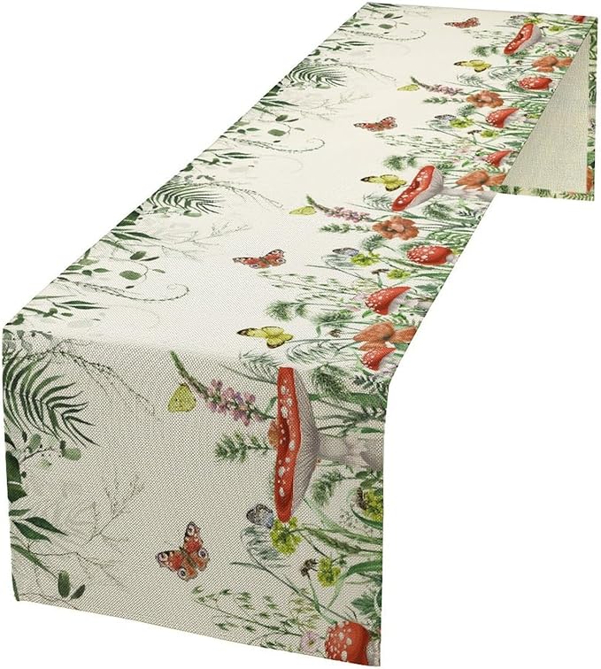 Watercolor Mushroom Table Runner, Boho Vintage Green Plant Butterfly Wildflower Eucalyptus Leaf Print Table Cover for Home Holiday Party Indoor Outdoor, 13x90inch