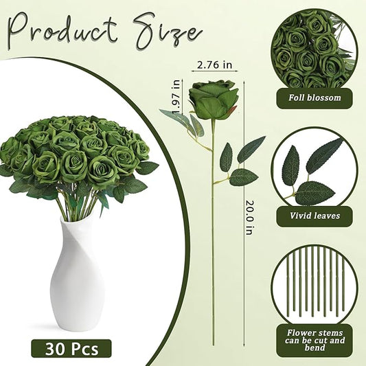 30pcs Fake Roses Artificial Silk Flowers Long Stems Bouquet for Wedding Bridal Shower Party Home Decoration (Green)
