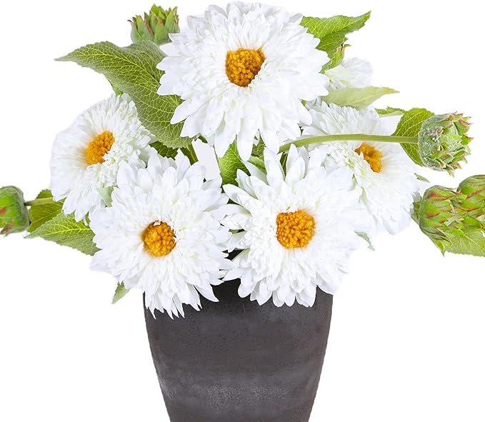 Kimura's Cabin 5Pcs White Artificial Silk Flowers Fake Sunflowers Bouquet Long Stems Faux Sunflower Real Touch Chrysanthemum for Wedding Home Garden Birthday Party Indoor Decor（White）