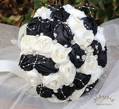Bridal Wedding Bouquet Round Bling Brooch Bouquet Throw Toss Artificial Rose Flower Bunch for Bride Bridesmaid Wedding Quinceanera(Black & Ivory, 8.7")