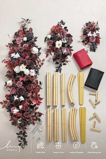 Ling's moment Wedding Arch Backdrop Stand with Flowers - 7.2FT, 6FT Set of 2 Metal Arch Frame with Drapes for Ceremony Decoration - Artificial Floral for Birthday Party, Baby Shower, Black Burgundy