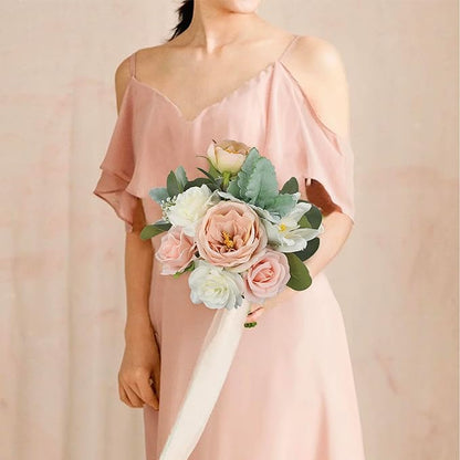Rinlong 1Pc Wedding Bouquets for Bridesmaids Bride Pink Green Artificial Flowers Bridesmaids Bridal Bouquet for Wedding Prom