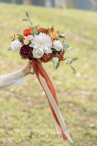 10 Inch Terracotta Bridal Bouquet,Burnt Orange Wedding Bouquet,Bride Bouquets for Wedding Ceremony Anniversary, Party and French Rustic Vintage,Artificial Flowers