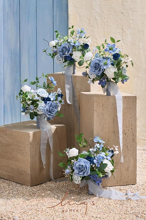 Ling's moment Artificial Flowers Dusty Blue Bridesmaid Bouquet Set of 4, Blue & Ivory Wedding Flowers Bouquets for Bridesmaids, 7 Inch Bridal Bouquets for Bridesmaids, Wedding, etc