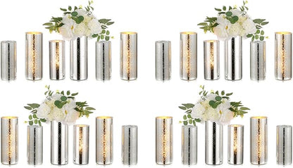 Glass Cylinder Vases Set of 24, Hewory Glittery Silver Vase for Centerpieces, Glass Hurricane Candle Holders for Pillar Floating Candle, Tall Round Vase for Wedding Anniversary Events Home Table Decor