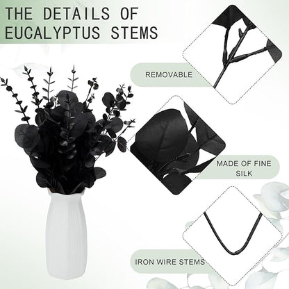 Giegxin 90 Pcs 3 Kinds Mixed Eucalyptus Leaves Stems Bulk Artificial Silver Dollar Leaves Picks Dried Eucalyptus Bundle Faux Spray for Wedding Vase Bouquet Floral Arrangement (Black)