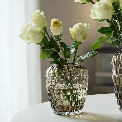 Grape Bubble Glass Vase for Flowers, Round Vintage and Clear Black Colored Smoke Glass Vases for Modern Home Decor (Crystal Grey 6" W X 6.7" H)