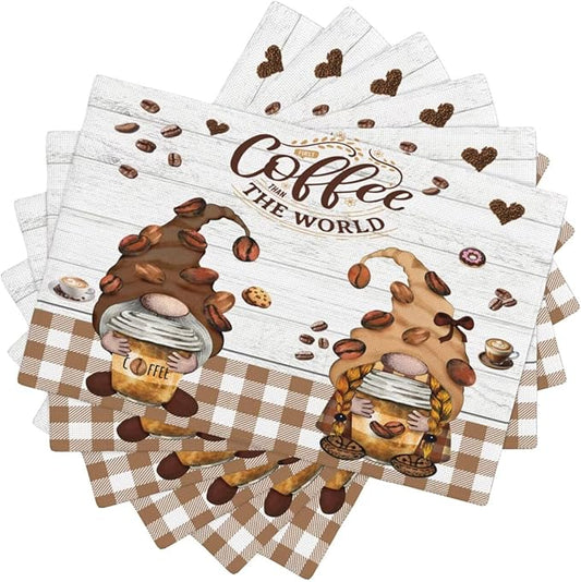 Coffee Gnomes Linen Placemats Set of 6 Brown Buffalo Plaid Placemat Indoor Outdoor Party Home Desktop Kitchen Dining Room Decoration 12x18 Inch