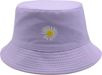 Flower Reversible Bucket Hat Cotton Summer Travel Beach Sun Hats Emboridery for Women Men