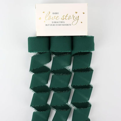 MEEDEE Dark Green Chiffon Ribbon 1 Inch Green Frayed Ribbons Green Chiffon Silk Hunter Green Ribbon Thin Chiffon Ribbons for Crafts, Gift Wrapping, Wedding Invitation (3 Rolls 21 Yards)