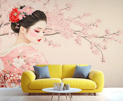 Japanese Cherry Blossom Wall Mural, Kimono Woman Geisha 3D Wall Murals, Oriental Beauty Wallpaper Mural, for Living Room Bedroom Large Wallpaper Indoor Decor 157.5" W x110.3 H