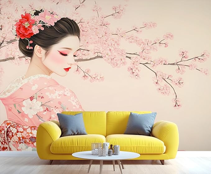 Japanese Cherry Blossom Wall Mural, Kimono Woman Geisha 3D Wall Murals, Oriental Beauty Wallpaper Mural, for Living Room Bedroom Large Wallpaper Indoor Decor 98.4" W x68.9 H