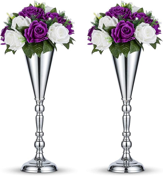 2 Pcs Tabletop Silver Metal Wedding Flower Trumpet Vase, 16.5 inch Table Decorative Centerpiece Artificial Flower Arrangements for Anniversary Ceremony Party Birthday Event Aisle Home Decoration