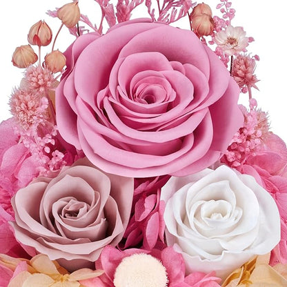 Preserved Flowers in Glass Angel Figurine with LED Light,Forever Real Roses Prime Eternal Flower Birthday Glitter Decorations for Her Women Mom Grandma Sister (Pink)