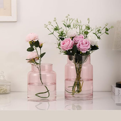 Large Glass Vase, Pink Glass Vase Set of 2, Large Flower Vases for Bouquet, Tall Wide Mouth Vases for Flowers, Home, Wedding, Living Room, Office Decor, 7"+9"