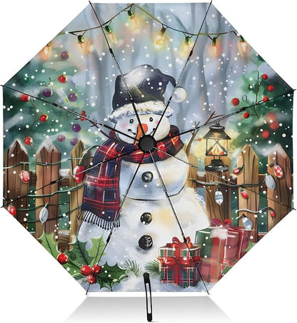 panksolu Folding Umbrella Christmas Cute Snowman Compact Travel Umbrella Automatic Portable Lightweight Windproof Umbrellas for Sun Rain UV Protection Large Portable Umbrellas