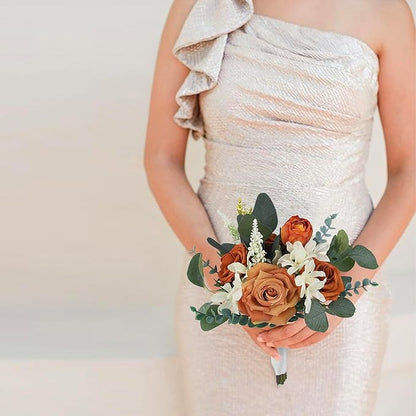 Rinlong 1Pc Fall Wedding Bouquets for Bridesmaids Burnt Orange Sage Artificial Bridesmaid Bouquet for Wedding Prom