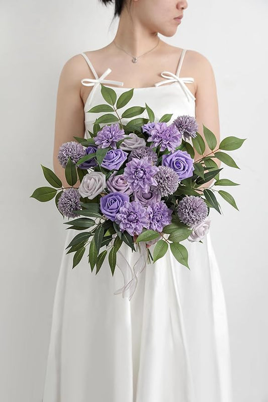 Artificial Flowers Combo Box Set Gradient Color Flower Leaf with Stems for DIY Wedding Bouquets Centerpieces Baby Shower Party Home Decorations (Lavender Purple)