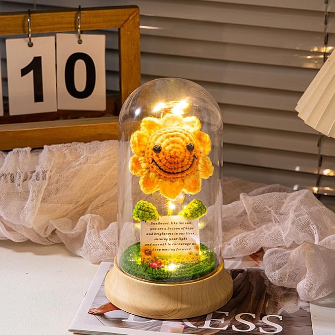 Levvohd Crochet Sunflower Gifts for Women, in Plastic Dome Sun Flower for Her Mom Grandma Birthday Mothers Day Christmas Day Gift (Card- Sunflower 4.3 in X 7.5 in)