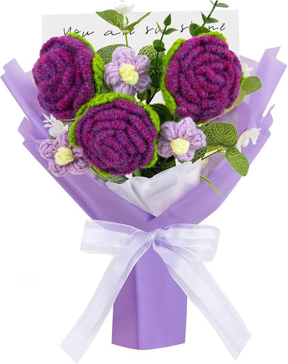 Handmade Rose Bouquet Crochet Flowers Bouquet Rose Knitted Flowers Present for Valentine's Day Wedding Graduation Anniversary Birthday(Medium-Dark Purple Rose)