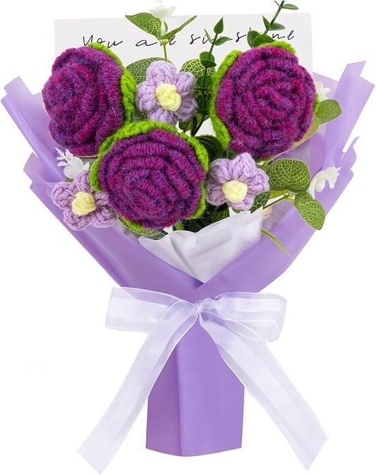 Handmade Rose Bouquet Crochet Flowers Bouquet Rose Knitted Flowers Present for Valentine's Day Wedding Graduation Anniversary Birthday(Medium-Dark Purple Rose)