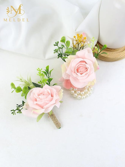 Meldel Wrist Corsage and Boutonniere Set(2pcs), Artificial Silk Rose Pink Wrist Flower for Bride Bridesmaids, Boutonniere for Groom Best Man Wedding Flower Accessories Prom Ceremony Party Decor